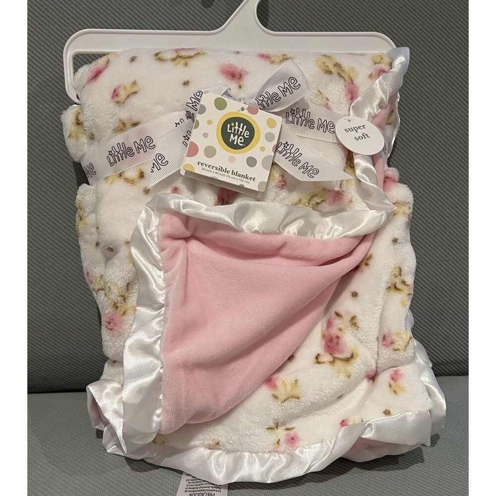 Little Me Baby Plush Blanket Pink Floral Rose White Satin Ruffle Trim Reversible